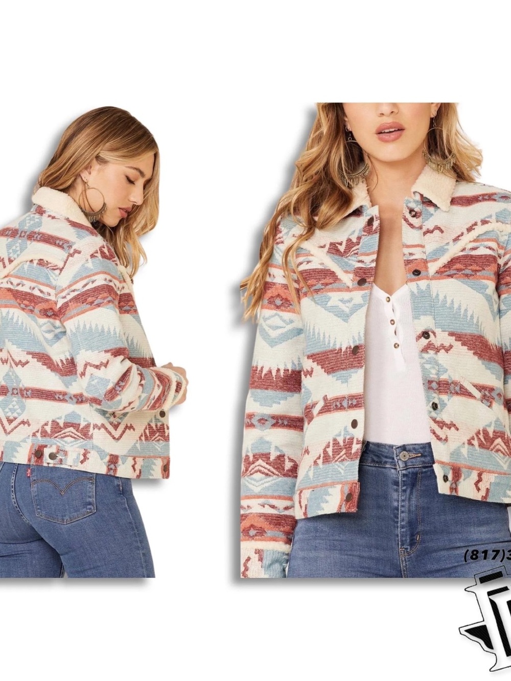 Women's Aztec Print Sherpa-Lined Jacket - Cream & Dusty Blue